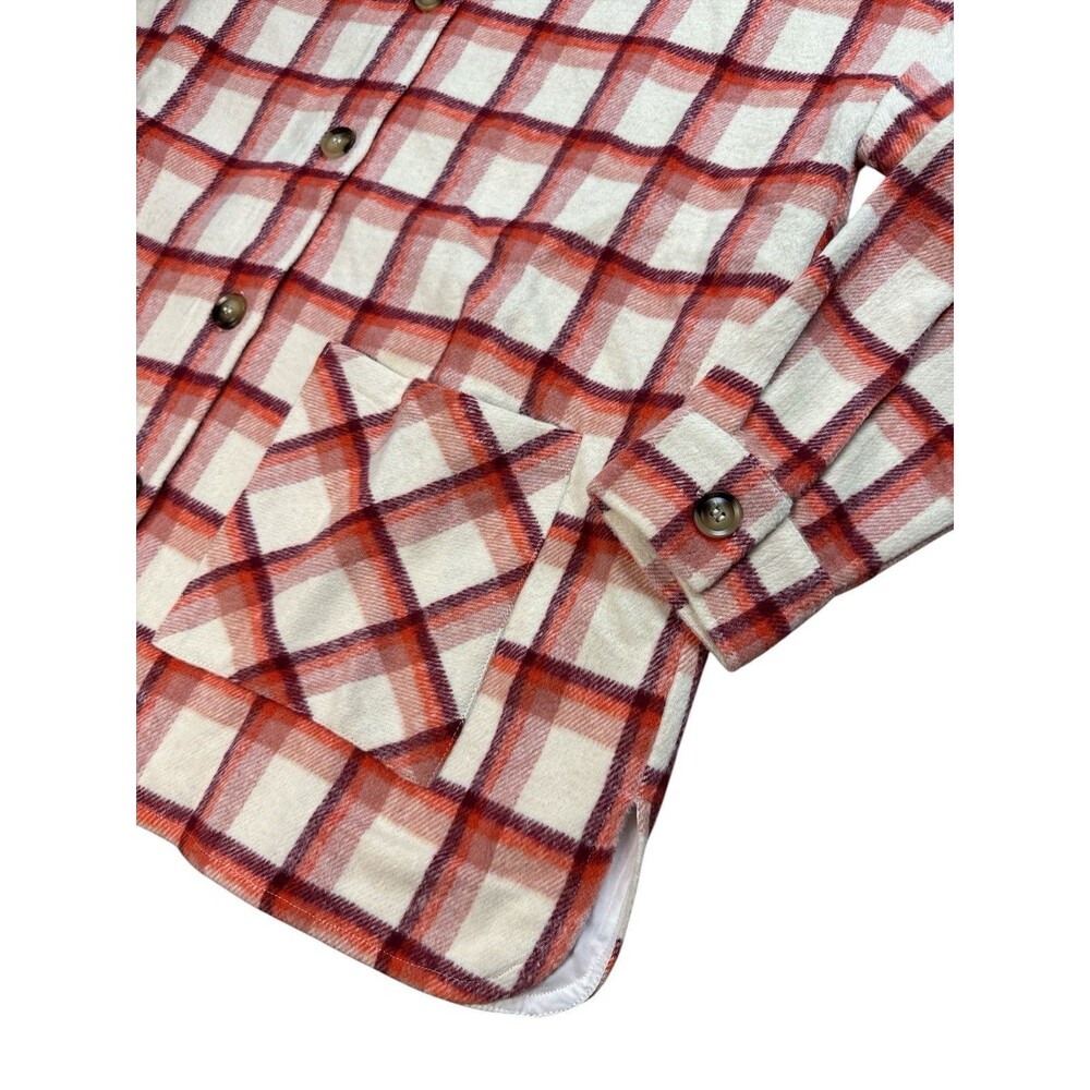 Cream Burgundy Plaid Shacket Flannel Button Front Long Sleeve Medium Streetwear - Picture 4 of 9